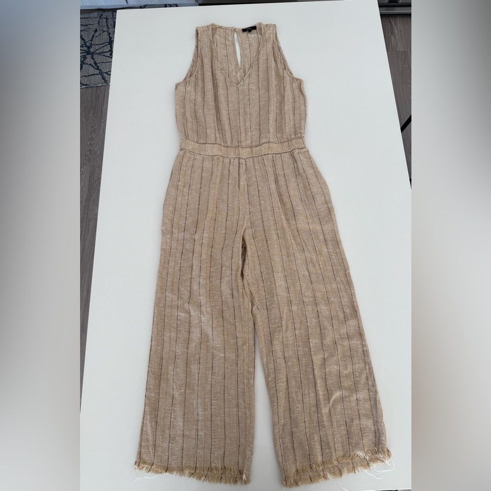 Anthropologie Drew Women’s Linen Blend Striped Tan Jumpsuit Farmhouse Cottage